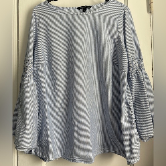 Zoe & Rachel Blue/White Stripes Bell Sleeves Cotton Plus Size Blouse Top, Sz: 1X - Picture 2 of 11